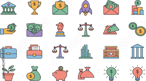 Comprehensive collection of business and finance vector icons for economic growth, investment, and wealth management concepts