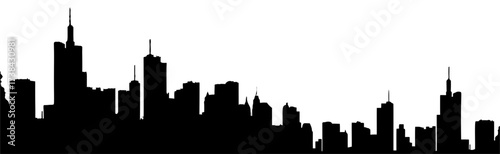 Detailed black silhouette of a cityscape with tall buildings and skyscrapers against white