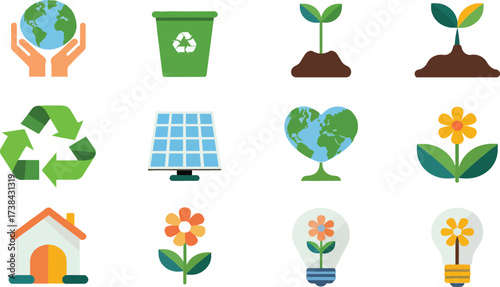 A diverse collection of flat design icons symbolizing global environmental stewardship and sustainable living practices, promoting a greener planet