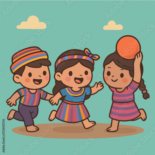 Indigenous kids playing ball with typlical costumes from Guatemala, nicaragua, ecuador, colombia, mexico