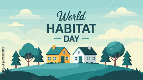 World Habitat Day illustration with yellow and white houses on grassy hill, trees, and clouds—celebrating sustainable living and housing rights 