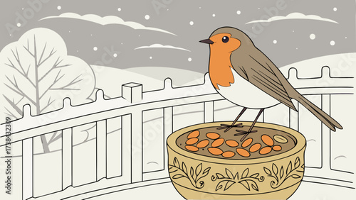 Winter robin bird feeding in snow scene illustration vector graphic design for nature lovers art