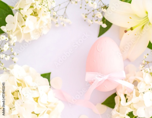 Pastel pink Easter egg surrounded by white flowers