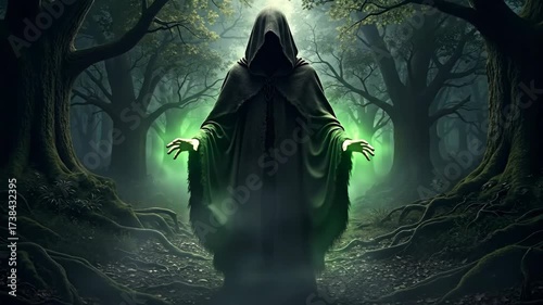 A mysterious hooded sorcerer casting a glowing green magic spell in a dark forest. Animated fantasy character performing a dark ritual. Supernatural power and witchcraft concept