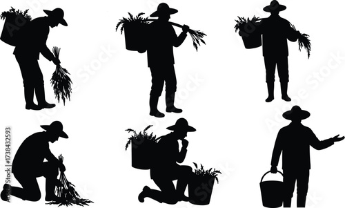 Farmer Gardener Working Silhouettes, Carrying Harvest, Planting Seedlings, Digging Soil, Agriculture, Horticulture, and Rural Labor Icon Set, Vector

.