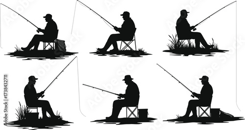 Fisherman Sitting and Fishing Silhouettes, Man with Rod and Reel, Angling, Outdoor Sport, Hobby, Recreation and Leisure Activity Icons Set, Vector

.