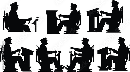 Ship Captain or Pilot Silhouettes Operating Control Console, Steering Vessel, Maritime Navigation, Professional Seafaring Officer and Authority Icon Set, Vector

.