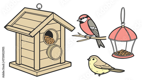 Illustration of birdhouses and birds with birdseed for backyard bird watching and bird feeding fun