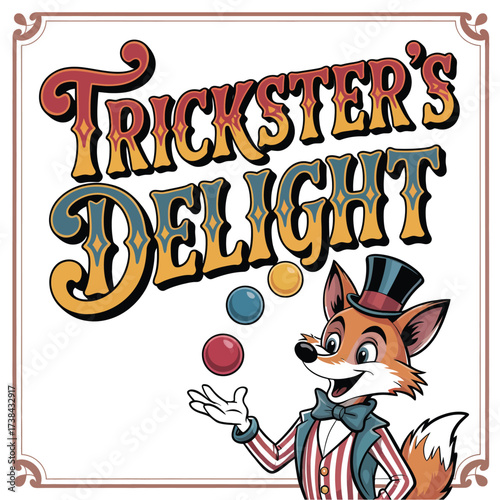 Whimsical Tricksters Delight Illustration with Fox Juggling Balls in a Vintage Themed Design for Playful Decor