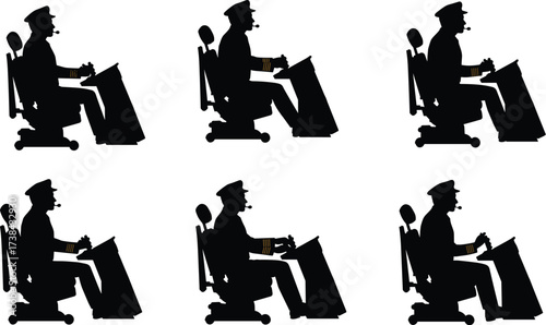 Ship Captain or Pilot Silhouettes Operating Control Console, Steering Vessel, Maritime Navigation, Professional Seafaring Officer and Authority Icon Set, Vector

.