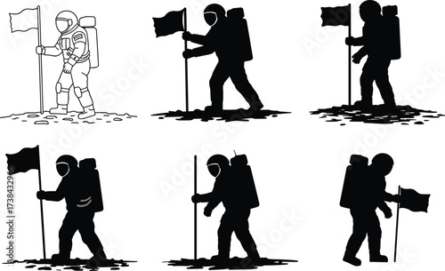 Astronauts Planting Flags on Moon Surface Silhouettes, Space Exploration, First Steps, American Flag, Apollo Mission and Science Icon Set, Vector

.