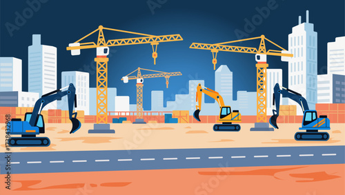 Vector illustration of Construction site features backhoe machinery actively digging and moving earth, surrounded by cranes and a city skyline.