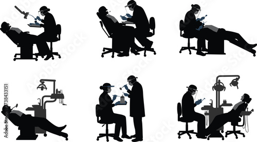 Dentist Working on Patient Silhouettes, Dental Examination, Oral Care, Hygienist Treatment, Stomatology and Professional Clinic Icon Set, Vector

.