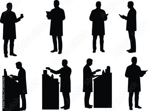 Pharmacist and Laboratory Technician Silhouettes, Dispensing Medicine, Checking Prescription, Working on Computer and Science Icon Set, Vector

.