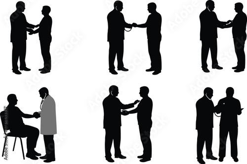 Doctor and Patient Silhouettes, Medical Check-up, Consultation, Examination, Handshake, Health Care and Professional Relationship Icons Set, Vector

.