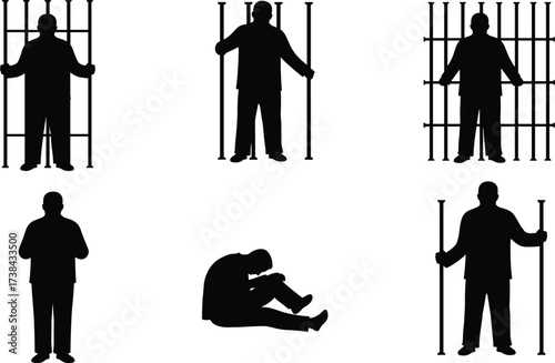 Prisoner silhouette collection, man behind jail bars, inmate confinement, justice system, imprisonment, law, despair, punishment, criminal, detention, freedom lost, silhouette vector.