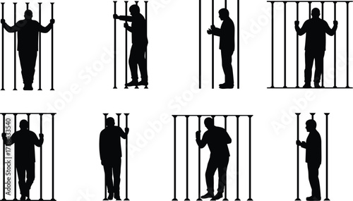 Prisoner silhouette collection, man behind jail bars, inmate confinement, justice system, imprisonment, law, despair, punishment, criminal, detention, freedom lost, silhouette vector.