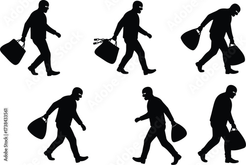 Thief and burglar silhouette set, running with stolen goods, criminal character, robbery, escape, carrying loot bag, masked man, crime, illegal activity, stealing.