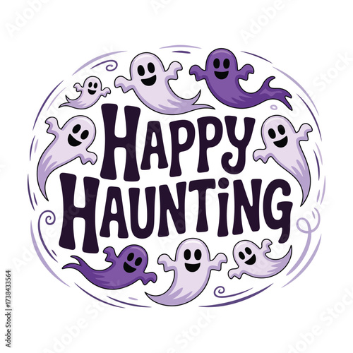 Festive Halloween Graphic with Playful Ghosts and "Happy Haunting" Message, a Spooky and Fun Celebration