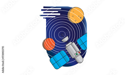 Modern flat vector illustration of a space satellite orbiting planets with radar signal waves, cosmic background, astronomy and space exploration technology design isolated on white.