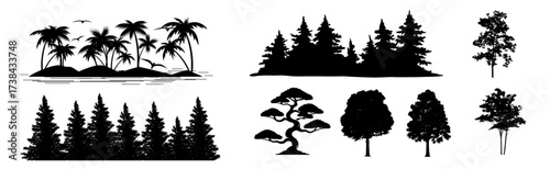 Diverse Tree Silhouettes Collection: From Tropical Palms to Dense Forests and Elegant Bonsai