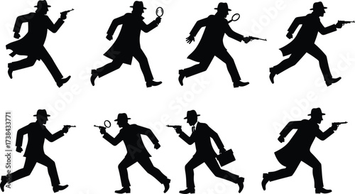 Classic detective silhouette collection, film noir style, private investigator, spy, secret agent, mystery, criminal investigation, vintage espionage, searching, magnifying glass, running, walking.