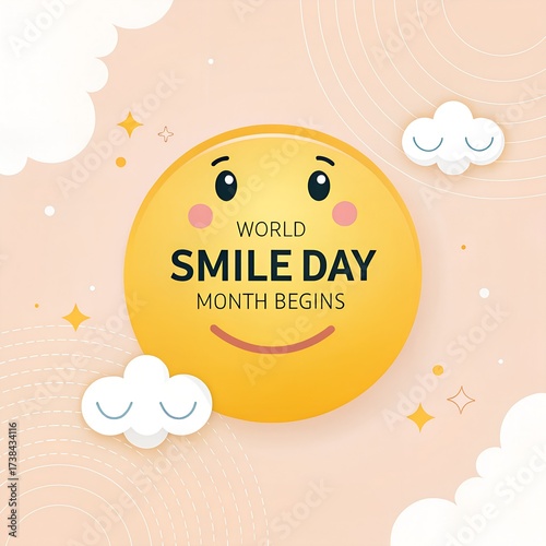 Wallpaper Mural Cheerful world smile day graphic with cute emoji and clouds on a pastel background Torontodigital.ca