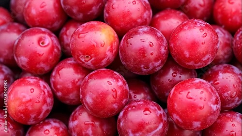 Close-up of fresh ripe red plums covered in water drops. Pile of juicy summer fruit. Healthy eating and natural food background
