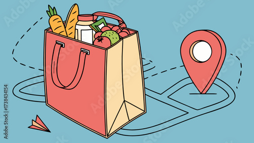 Grocery delivery service near me with bag of food and location pin for online shopping concept art