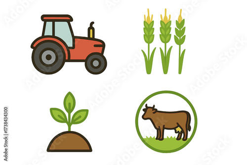 Agriculture and farming icon set. Vector symbols of tractor, wheat, plant sprout, and cow. Concepts for livestock breeding, organic food, cultivation and agronomy isolated.