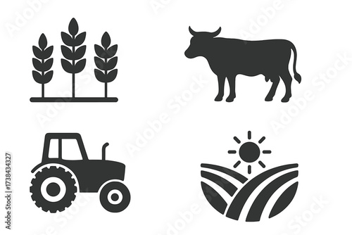 Agriculture icons set. Farming and breeding sign. Collection of farm symbols. Tractor, cow, wheat crop, field with sun. Rural cultivation and livestock vector illustration.