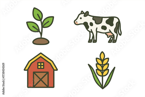 Agriculture and farming icon collection. Set of isolated vector illustrations. Cow for livestock and dairy, barn for ranch, wheat for harvest, plant for cultivation. Organic food.