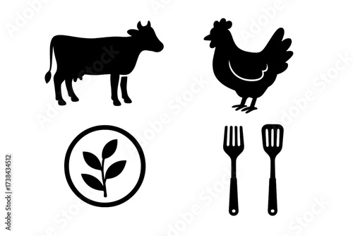 Food choice icon set comparing meat and plant-based diets. Vector silhouettes of cow for beef and chicken for poultry alongside a vegan symbol. For nutrition and cooking.