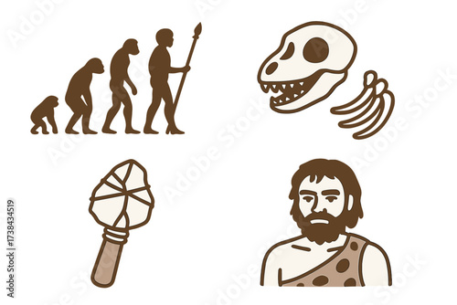 Human evolution vector icon set. March of Progress silhouette. Prehistory, stone age concept. Caveman, Neanderthal man, stone tool, fossil skull. Anthropology science vector.
