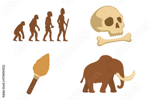 Vector set of prehistory icons. Human evolution from ape to man. Mammoth, primitive stone spear, ancient skull and bone. Anthropology and archaeology elements collection.
