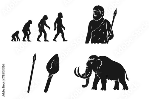 Human evolution icon set. Prehistory, stone age concept. March of progress from ape to man. Caveman hunter with spear and mammoth silhouette. Ancient primate, neanderthal.
