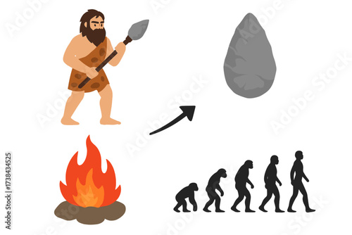 Set of prehistoric icons. Human evolution silhouette from ape to man. Cartoon caveman with spear, stone tool, and campfire. Vector illustration of stone age elements.