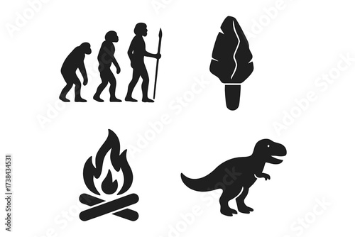 Prehistory evolution vector icon set. Human progress silhouette. Dinosaur T-rex. Campfire symbol. Stone age tool. Anthropology discovery. Paleontology science. Ancient man.