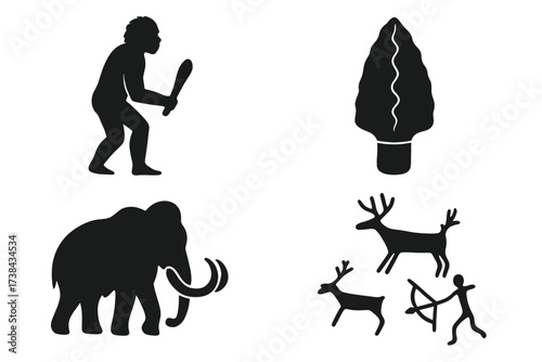 Prehistoric evolution icon set. Stone Age concept. Vector silhouettes of primitive caveman, woolly mammoth, arrowhead tool and ancient rock art of a hunter with a bow.
