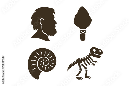 Prehistory and evolution icon set. Paleontology and archeology symbols. Vector collection of caveman, stone age spear, ammonite fossil and T-rex dinosaur skeleton signs.