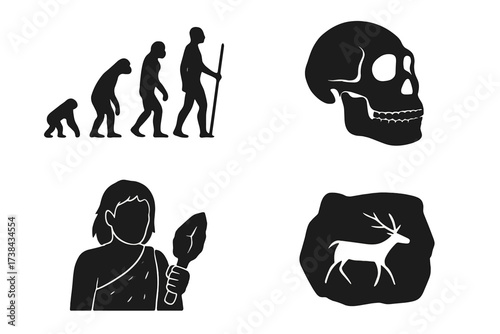Prehistoric evolution icon set. Human development from ape to man. Stone age caveman, skull, and cave painting. Anthropology and archaeology vector silhouette symbols collection.