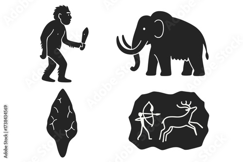 Set of prehistoric icons. Caveman, mammoth, stone age tool and cave painting. Human evolution and ancient history symbols. Vector illustration silhouette for archaeology.
