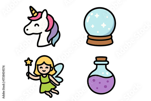 A cute and fantastic icon set featuring a unicorn, fairy, crystal ball, and magic potion. Isolated vector objects for fairytale, fantasy, and magical design concepts.