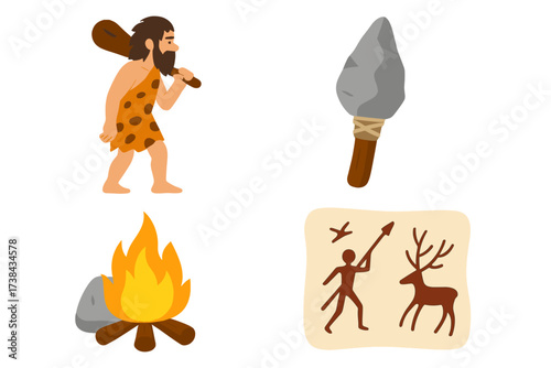 Set of stone age icons. Prehistoric man with club. Primitive weapon spear. Campfire. Cave rock art painting of hunter and deer. Anthropology evolution concept. Cartoon vector.