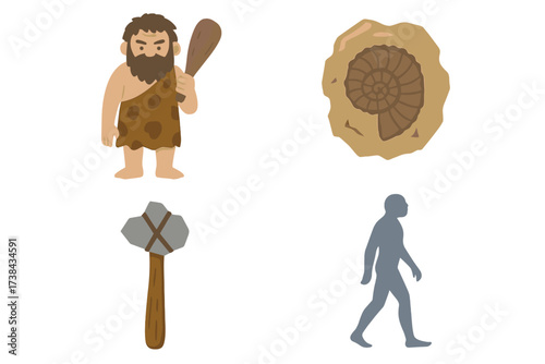 Vector collection of prehistoric evolution symbols. Cartoon caveman, neanderthal, stone age axe, ammonite fossil, and hominid evolution silhouette. Anthropology, archeology icons.