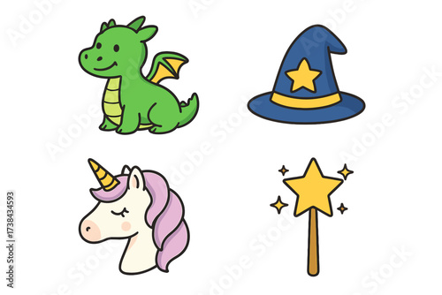 Cute cartoon fantasy icon set. Adorable baby dragon, magical unicorn, wizard hat, and sparkling magic wand. Isolated vector elements for kids, fairy tale and mythology.