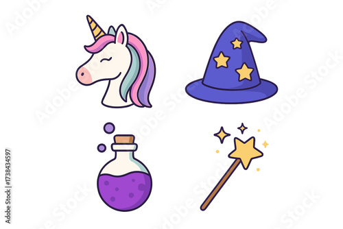 Magical fantasy icon collection. Cute cartoon unicorn, wizard hat, magic potion, and sparkling wand. Isolated vector illustration set for kids, fairytale, and sorcery themes.