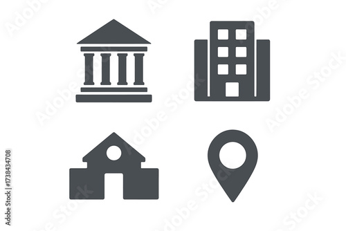 Vector building icon set. Real estate, municipal service concepts. Bank, court, office, house, school symbols. Location pin for map navigation. Isolated flat glyphs for web UI.
