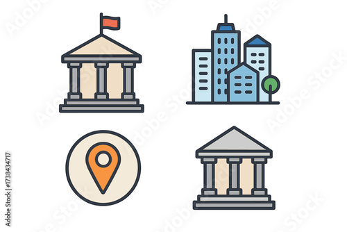 Set of municipal and city center icons. Vector graphics of government building, courthouse, bank and university. Downtown architecture symbol. Map location pin for navigation.
