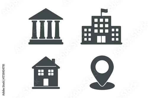 Municipal building vector icons set. Government, bank, courthouse, school and house symbols isolated on white. City center and public institution flat design elements. Map location pin.